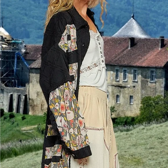 POL OVERSIZED Twill Shacket with Floral Patches on Black - Picture 2 of 8